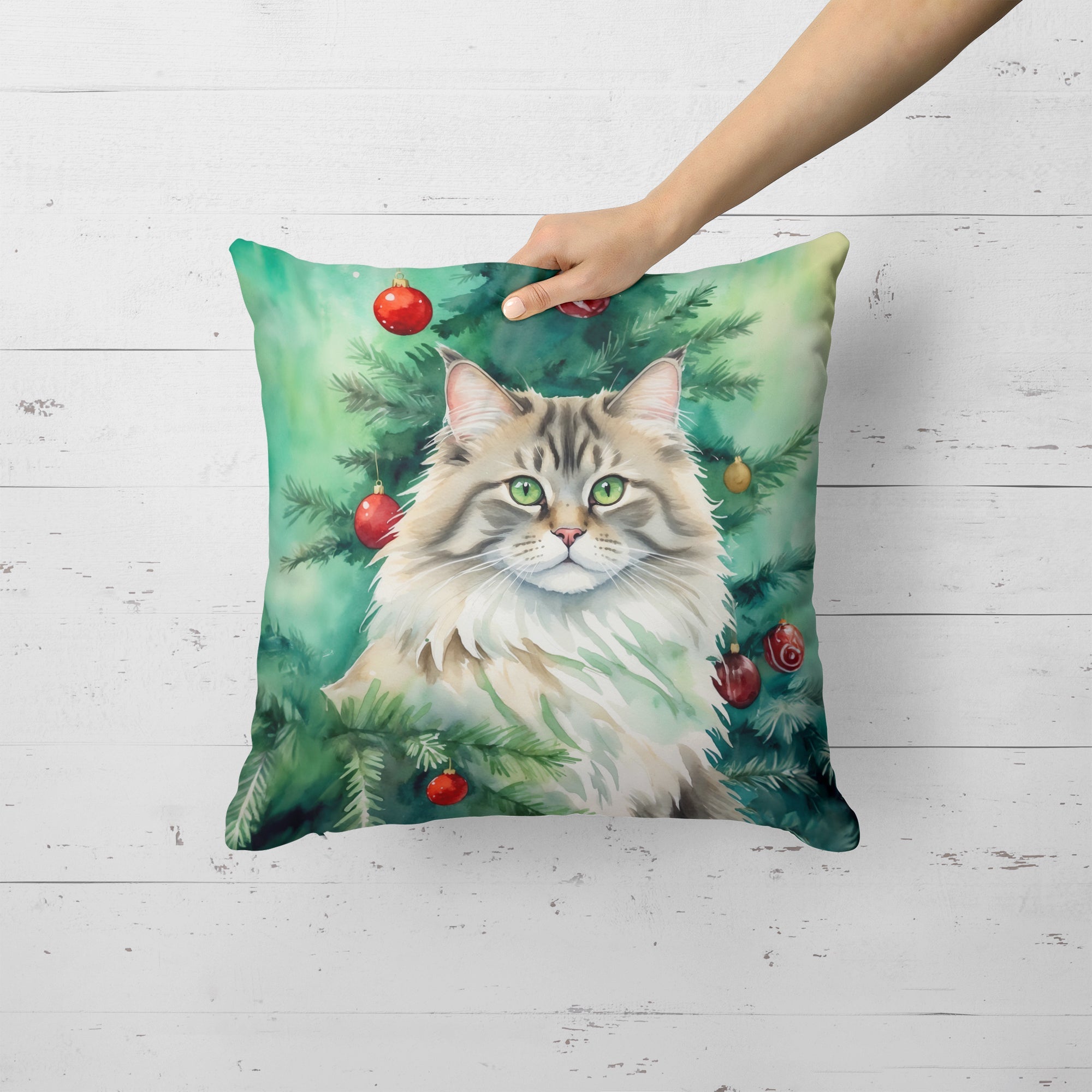 Siberian Cat By the Christmas Tree Decorative Throw Pillow 18x18 Indoor Outdoor Accent Cushion, Fabric Cover with Insert for Sofa, Bed, Porch & Living Room