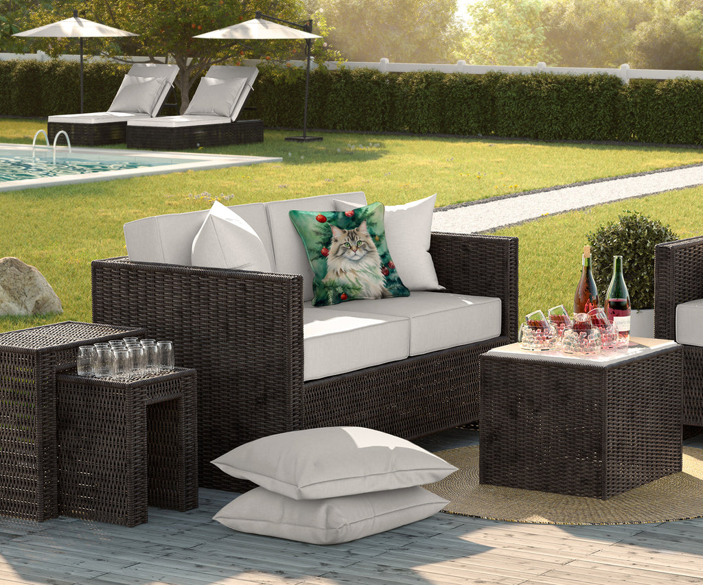 Siberian Cat By the Christmas Tree Decorative Throw Pillow 18x18 Indoor Outdoor Accent Cushion, Fabric Cover with Insert for Sofa, Bed, Porch & Living Room