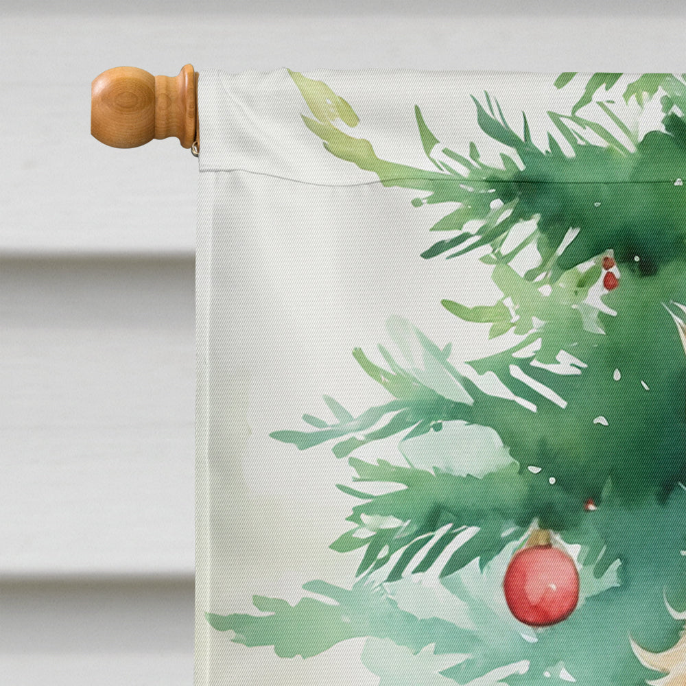Skookum Cat By the Christmas Tree House Flag 28x40 Porch Sleeve Pole Decorative Outside Yard Banner Artwork Wall Hanging, Polyester