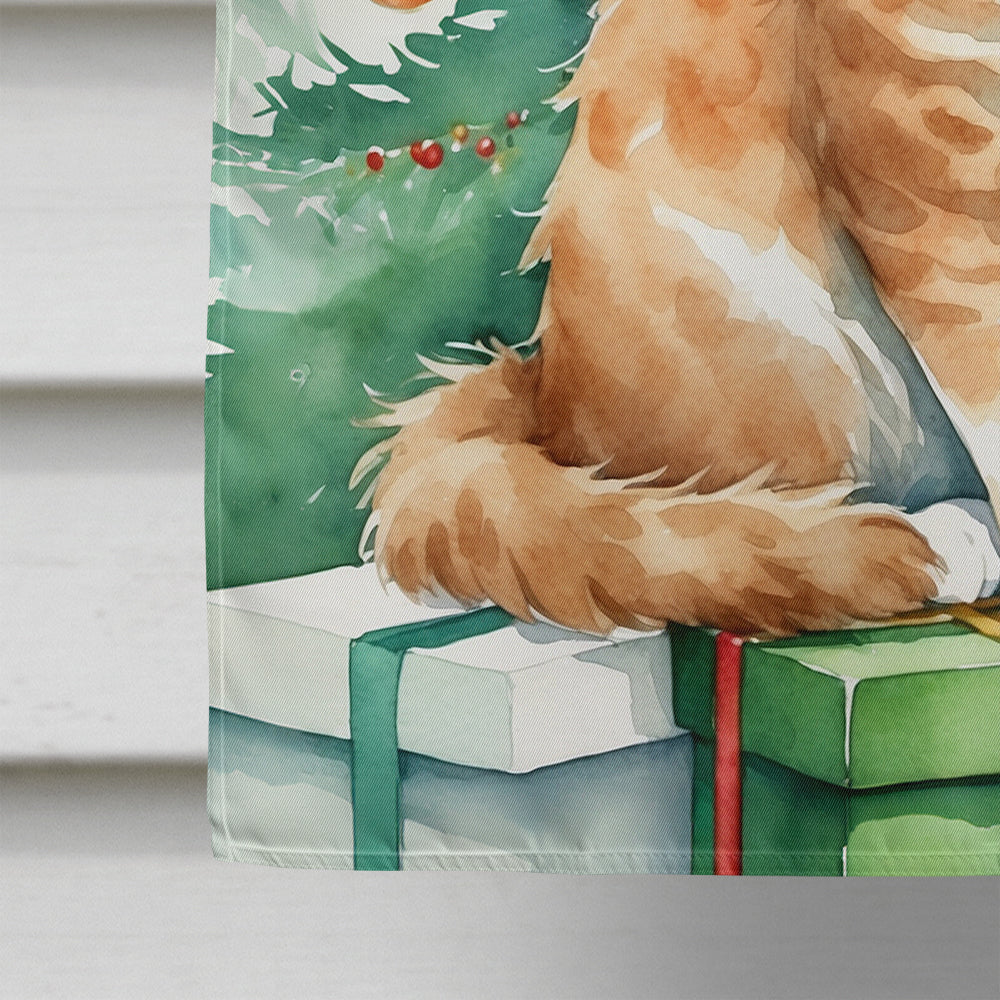 Skookum Cat By the Christmas Tree House Flag 28x40 Porch Sleeve Pole Decorative Outside Yard Banner Artwork Wall Hanging, Polyester