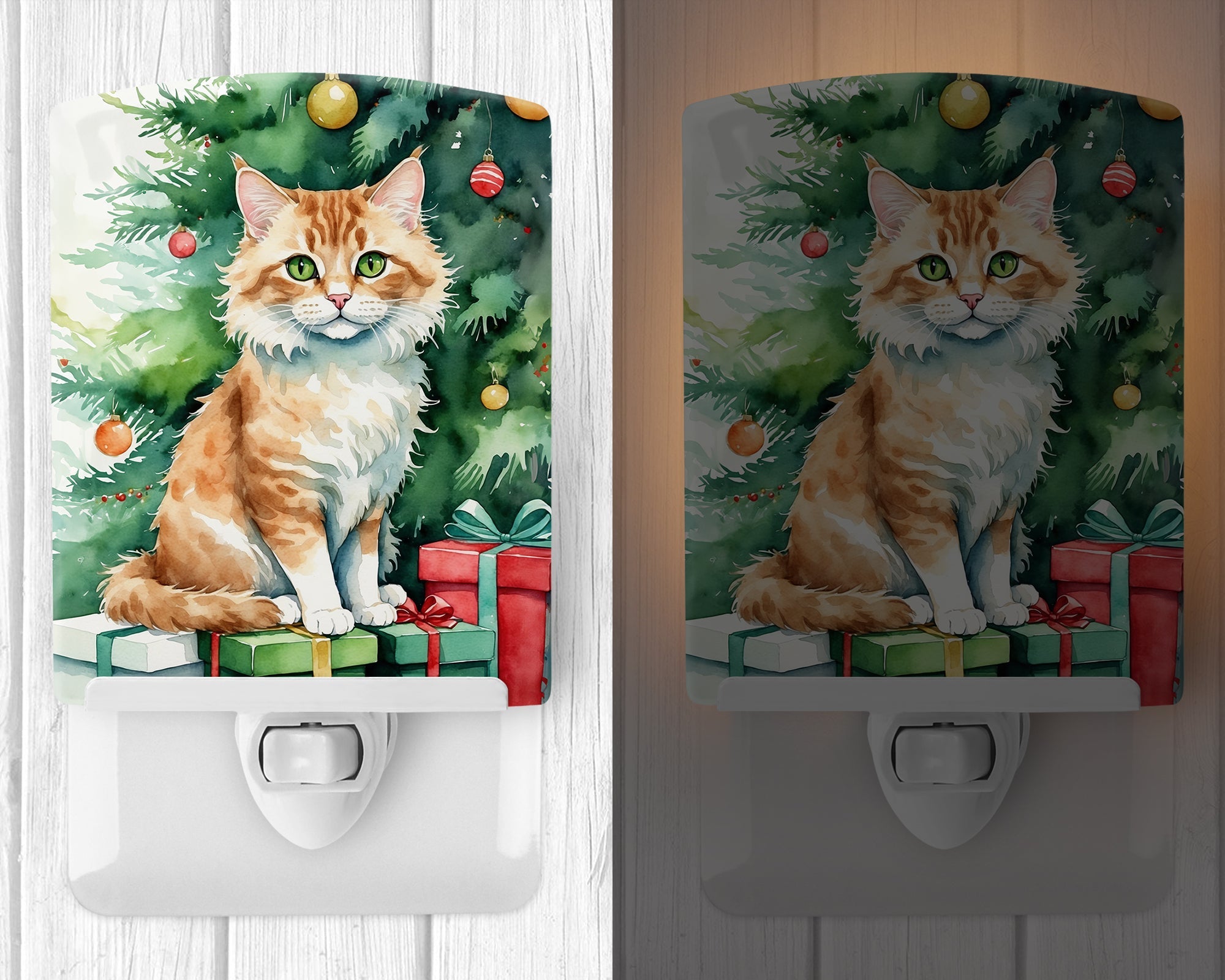 Skookum Cat By the Christmas Tree Ceramic Night Light Compact, UL-Certified, Ideal for Bedroom, Bathroom, Nursery, Hallway, Kitchen, 6x4x3, Multicolor