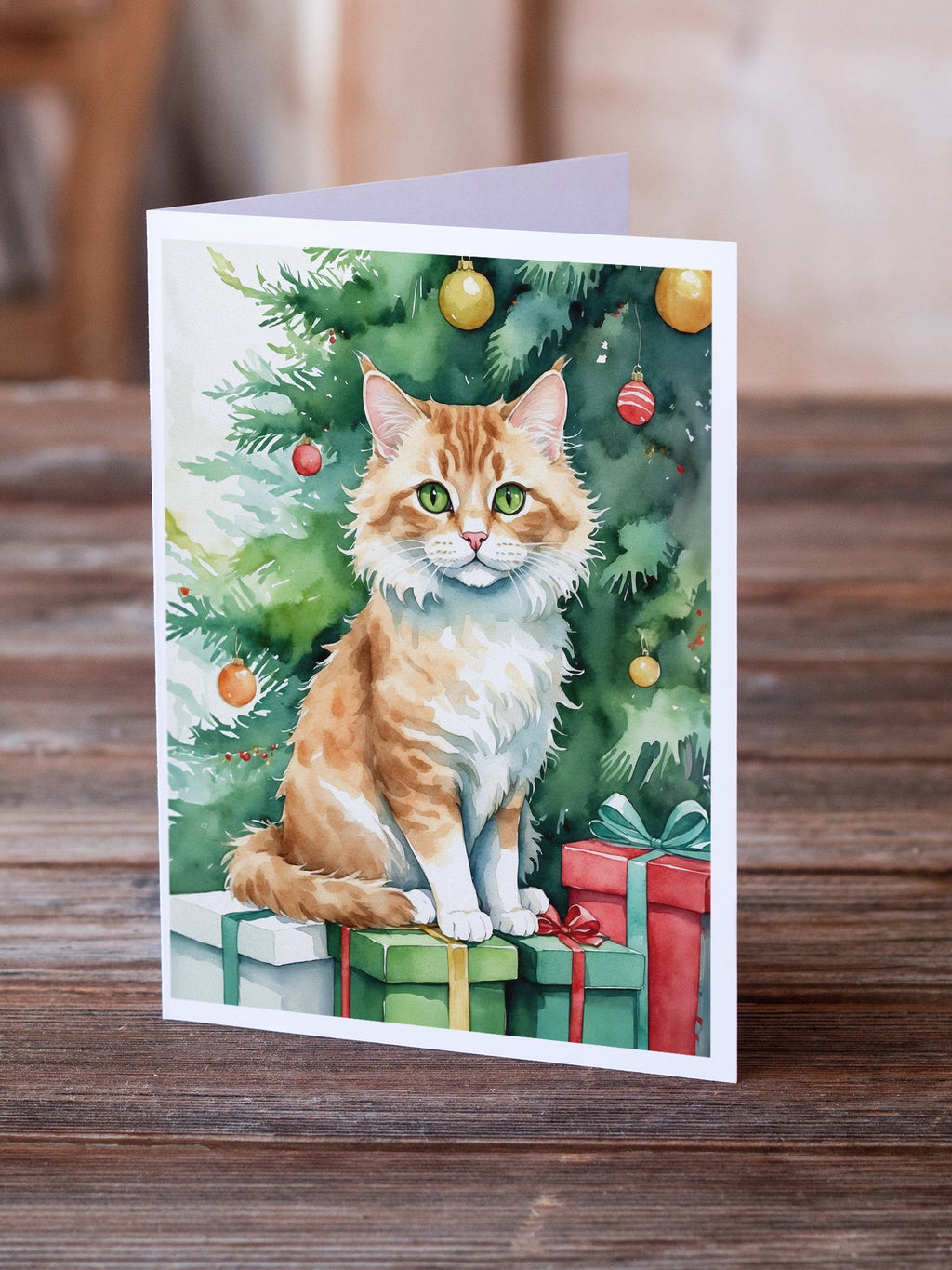 Skookum Cat By the Christmas Tree Greeting Cards Pack of 8 Blank Cards with Envelopes Whimsical A7 Size 5x7