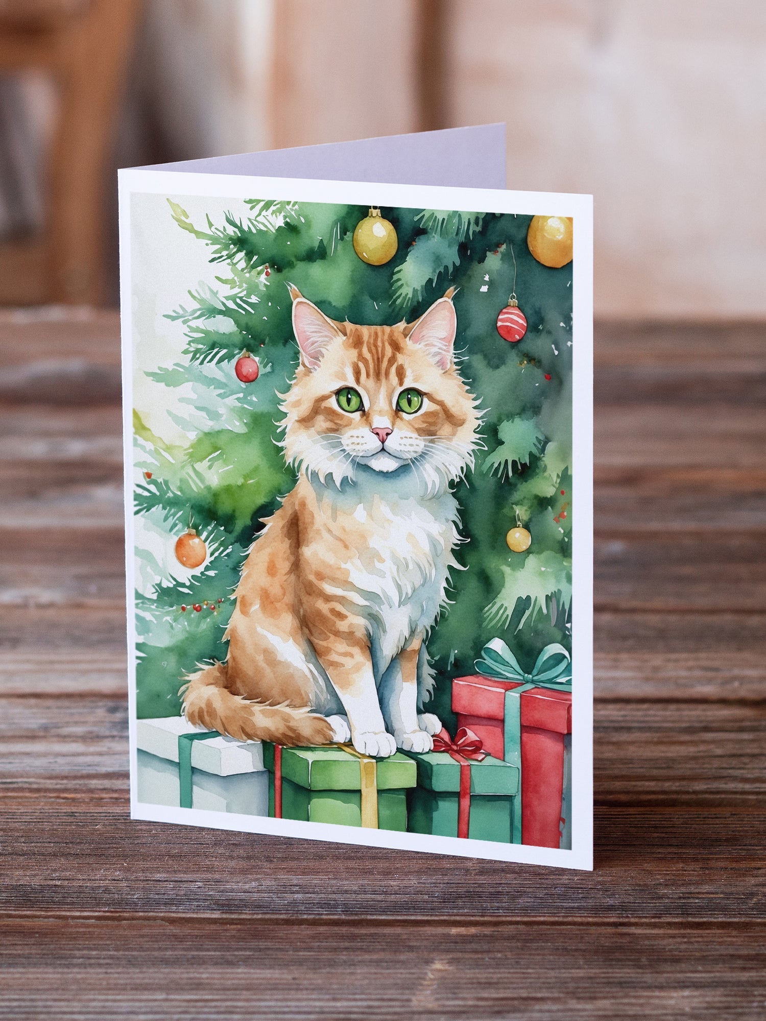 Skookum Cat By the Christmas Tree Greeting Cards Pack of 8 Blank Cards with Envelopes Whimsical A7 Size 5x7