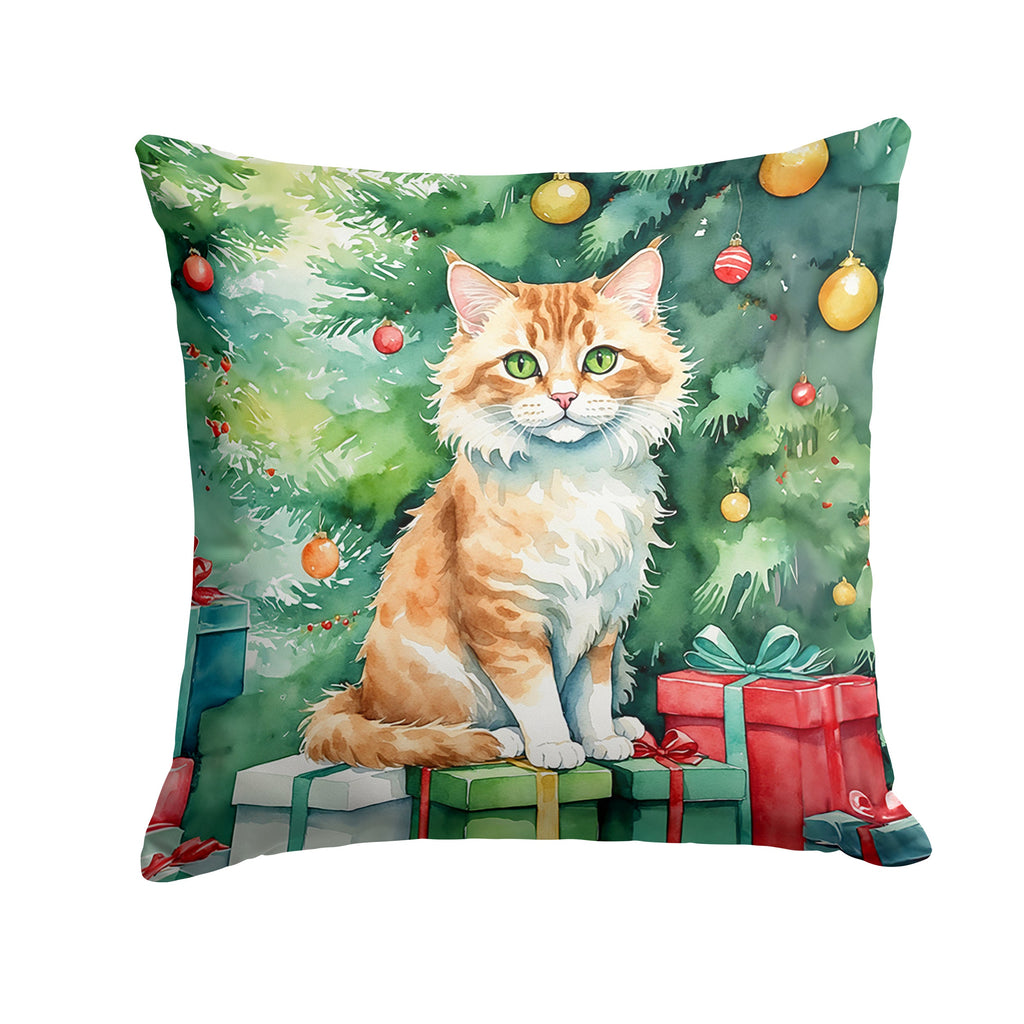 Skookum Cat By the Christmas Tree Decorative Throw Pillow 14x14 Indoor Outdoor Accent Cushion, Fabric Cover with Insert for Sofa, Bed, Porch & Living Room