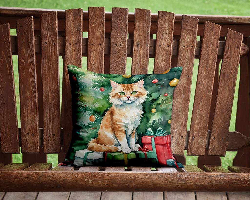 Skookum Cat By the Christmas Tree Decorative Throw Pillow 14x14 Indoor Outdoor Accent Cushion, Fabric Cover with Insert for Sofa, Bed, Porch & Living Room