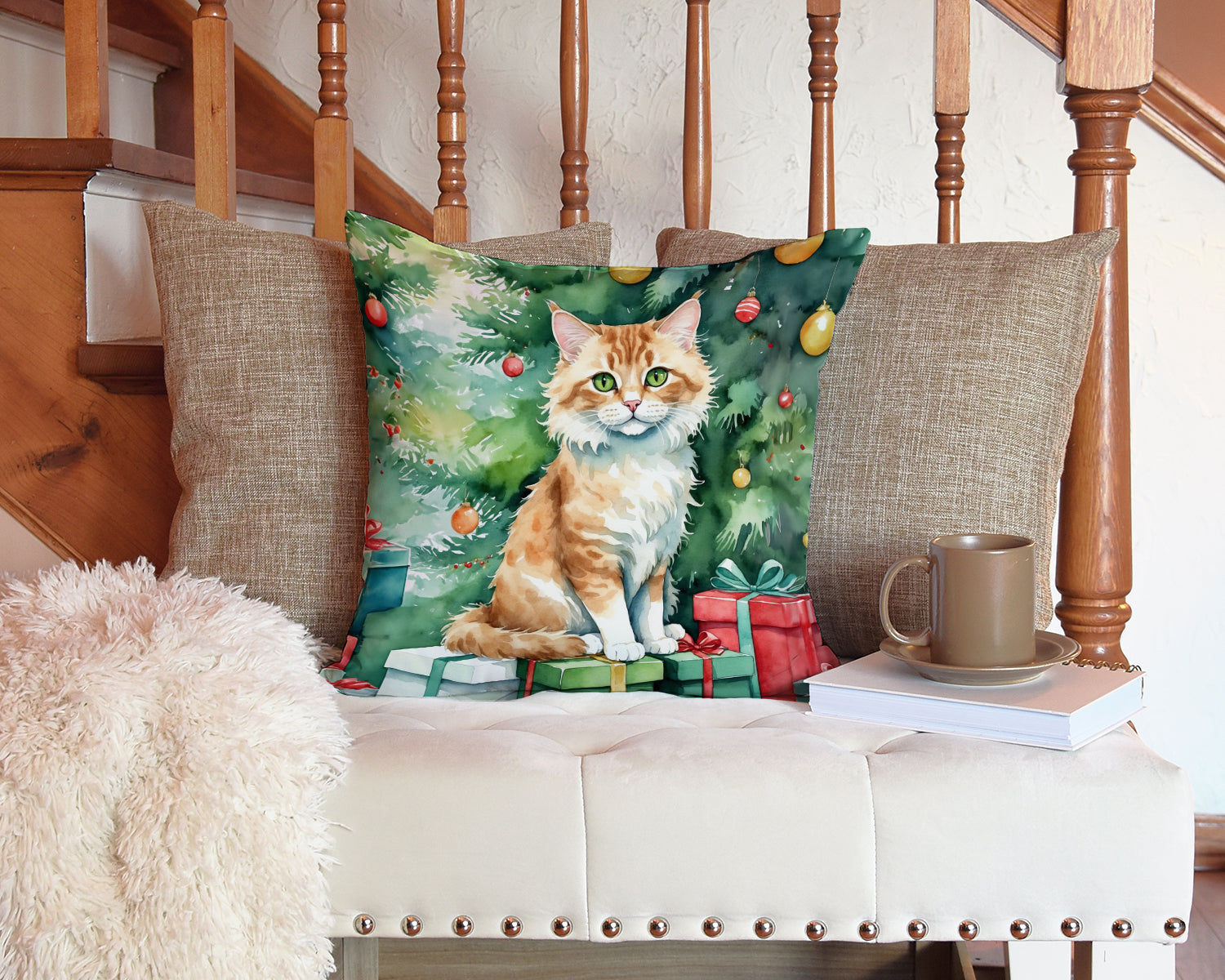 Skookum Cat By the Christmas Tree Decorative Throw Pillow 14x14 Indoor Outdoor Accent Cushion, Fabric Cover with Insert for Sofa, Bed, Porch & Living Room