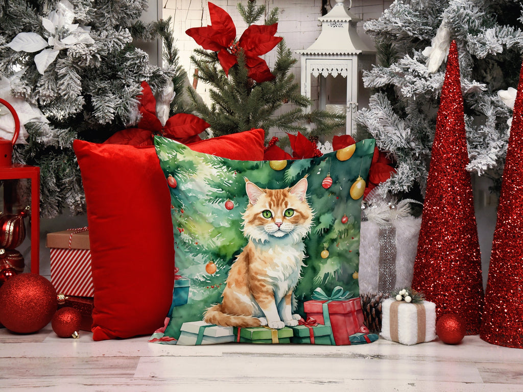 Skookum Cat By the Christmas Tree Decorative Throw Pillow 18x18 Indoor Outdoor Accent Cushion, Fabric Cover with Insert for Sofa, Bed, Porch & Living Room