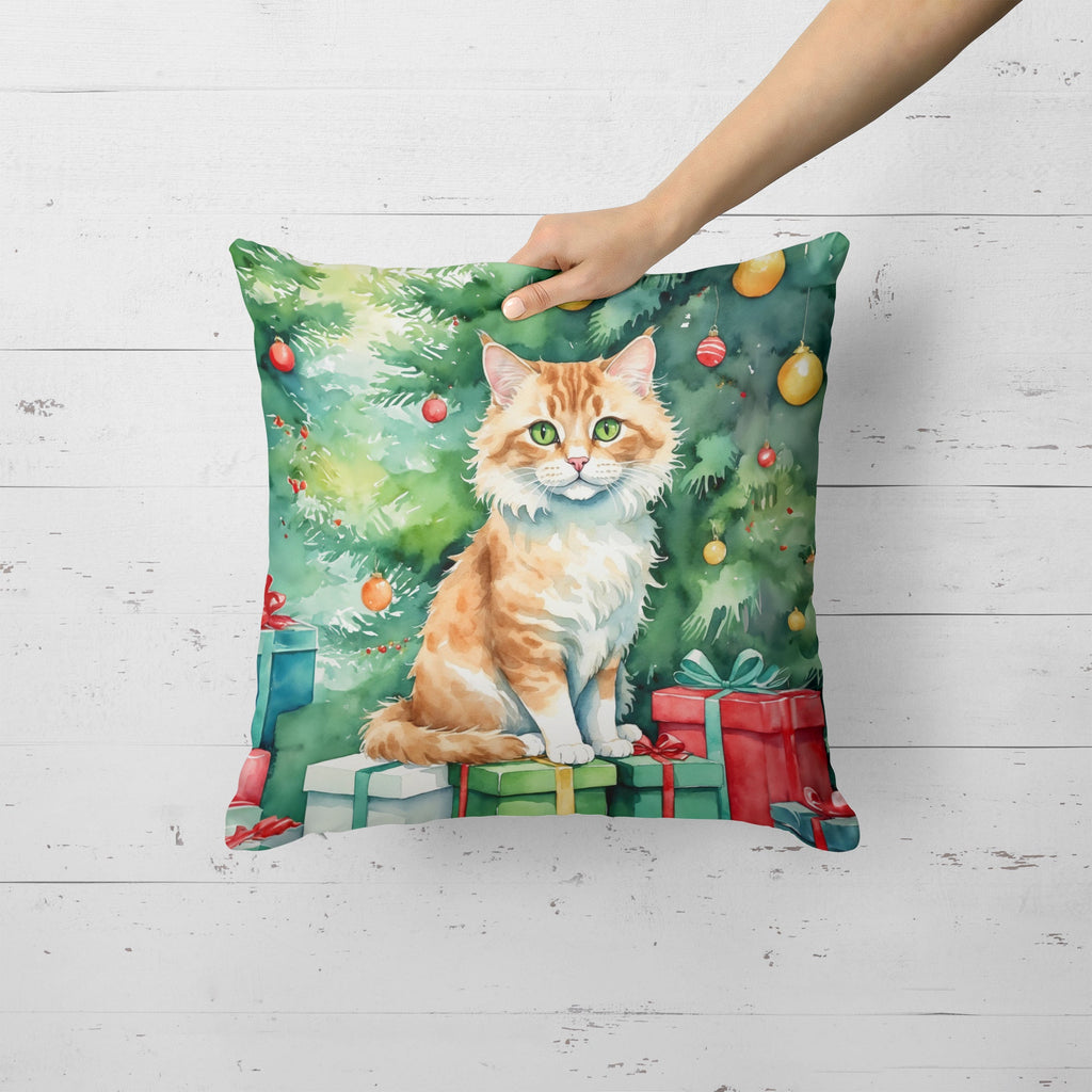 Skookum Cat By the Christmas Tree Decorative Throw Pillow 18x18 Indoor Outdoor Accent Cushion, Fabric Cover with Insert for Sofa, Bed, Porch & Living Room