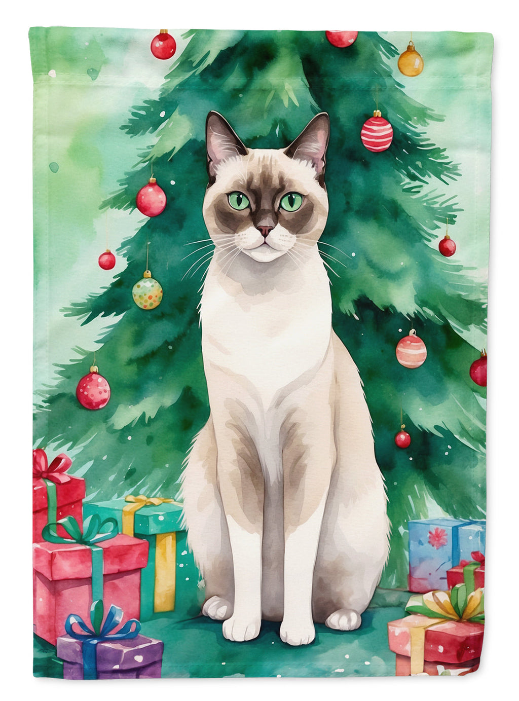 Snowshoe Cat By the Christmas Tree House Flag 28x40 Porch Sleeve Pole Decorative Outside Yard Banner Artwork Wall Hanging, Polyester