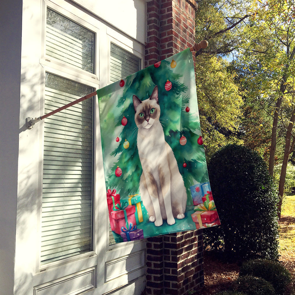 Snowshoe Cat By the Christmas Tree House Flag 28x40 Porch Sleeve Pole Decorative Outside Yard Banner Artwork Wall Hanging, Polyester