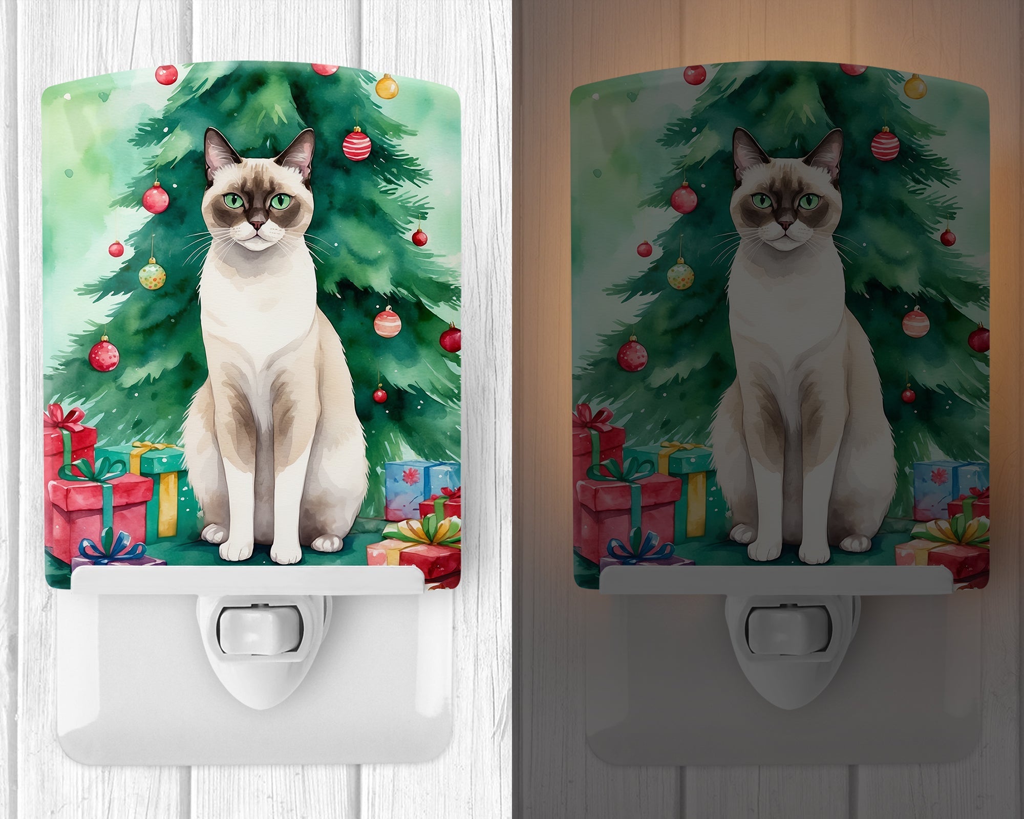 Snowshoe Cat By the Christmas Tree Ceramic Night Light Compact, UL-Certified, Ideal for Bedroom, Bathroom, Nursery, Hallway, Kitchen, 6x4x3, Multicolor