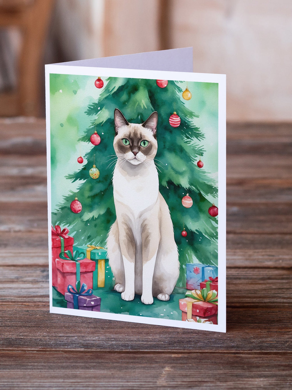 Snowshoe Cat By the Christmas Tree Greeting Cards Pack of 8 Blank Cards with Envelopes Whimsical A7 Size 5x7