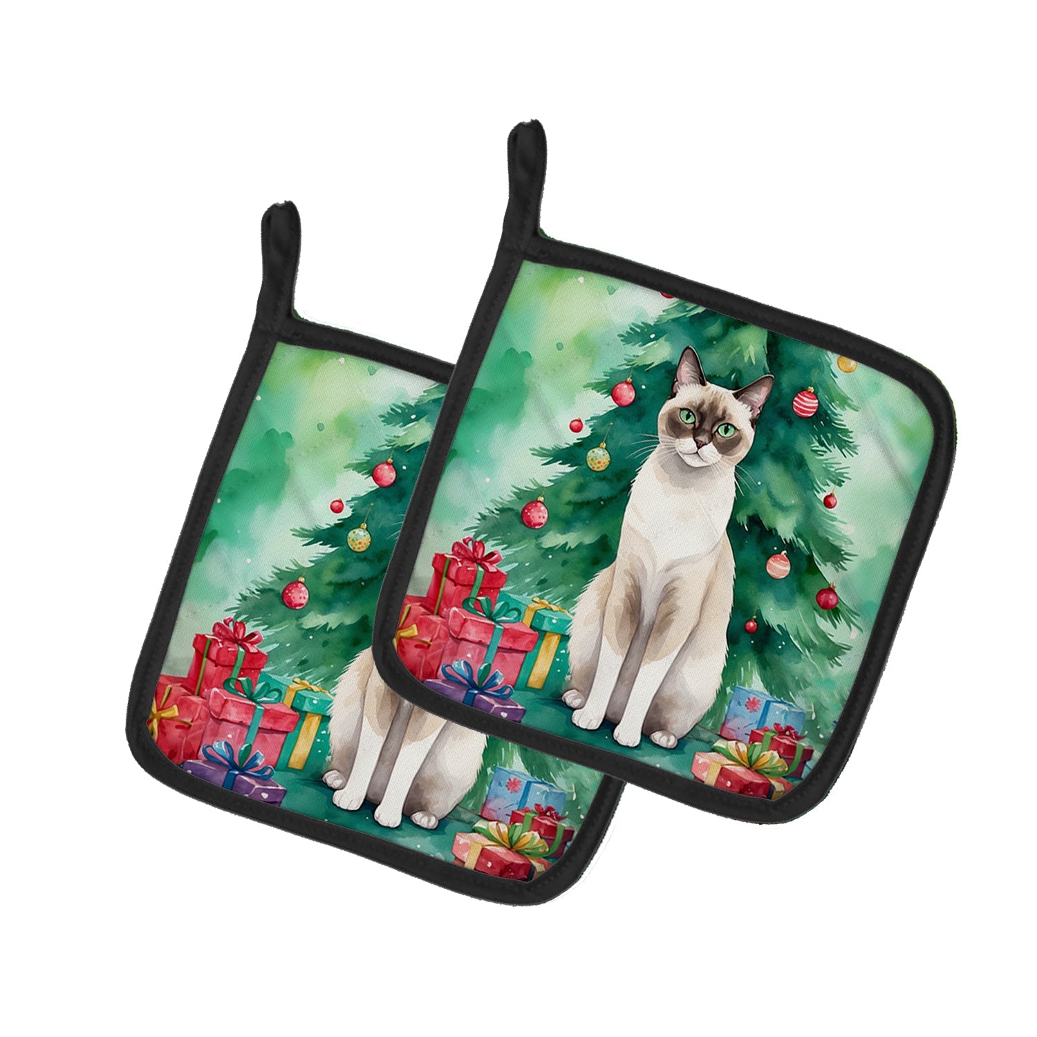 Snowshoe Cat By the Christmas Tree Pot Holder Set of 2 Heat Resistant Quilted Hot Pads 7.5 x 7.5 Inch, Insulated Kitchen Trivets for Cooking & Baking