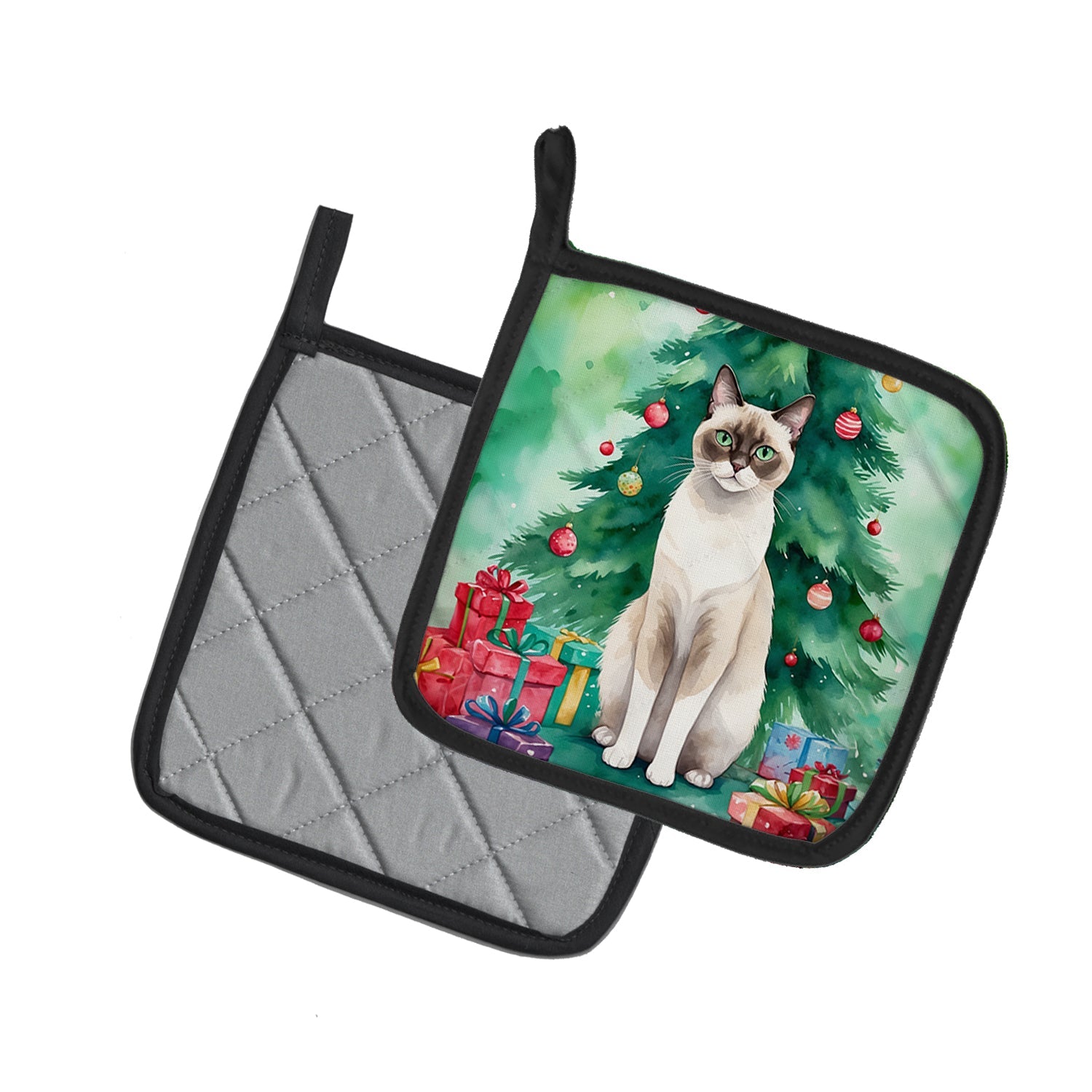 Snowshoe Cat By the Christmas Tree Pot Holder Set of 2 Heat Resistant Quilted Hot Pads 7.5 x 7.5 Inch, Insulated Kitchen Trivets for Cooking & Baking