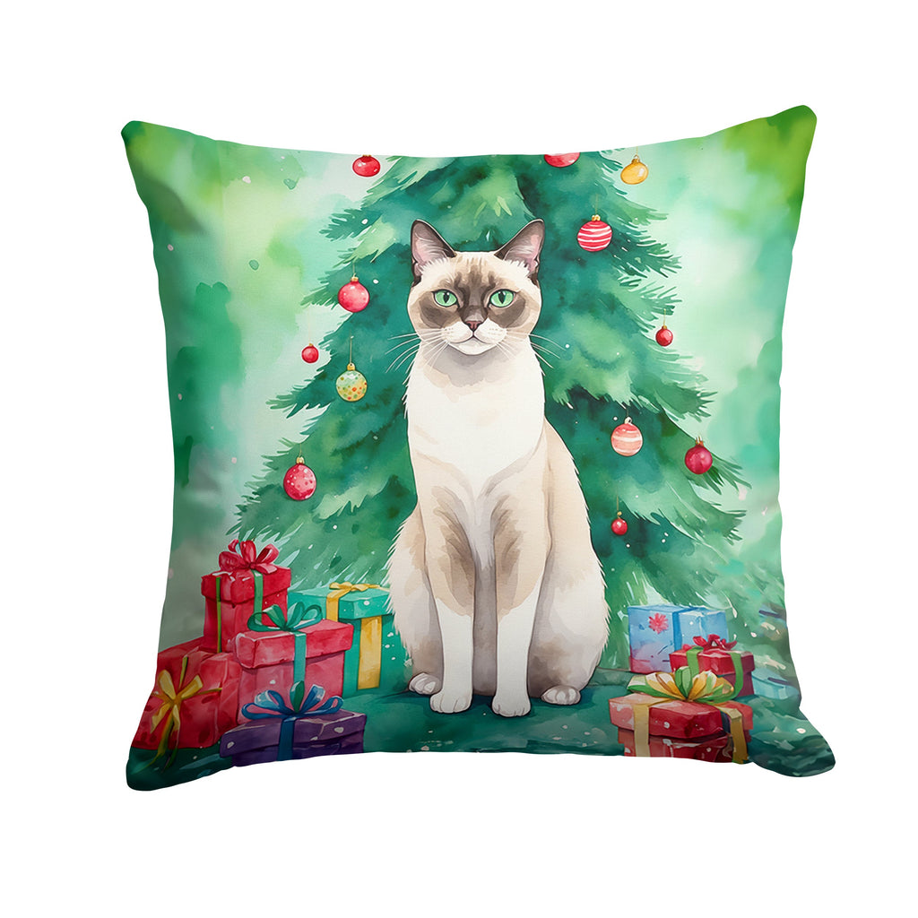 Snowshoe Cat By the Christmas Tree Decorative Throw Pillow 18x18 Indoor Outdoor Accent Cushion, Fabric Cover with Insert for Sofa, Bed, Porch & Living Room