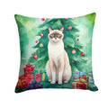 Snowshoe Cat By the Christmas Tree Decorative Throw Pillow 18x18 Indoor Outdoor Accent Cushion, Fabric Cover with Insert for Sofa, Bed, Porch & Living Room