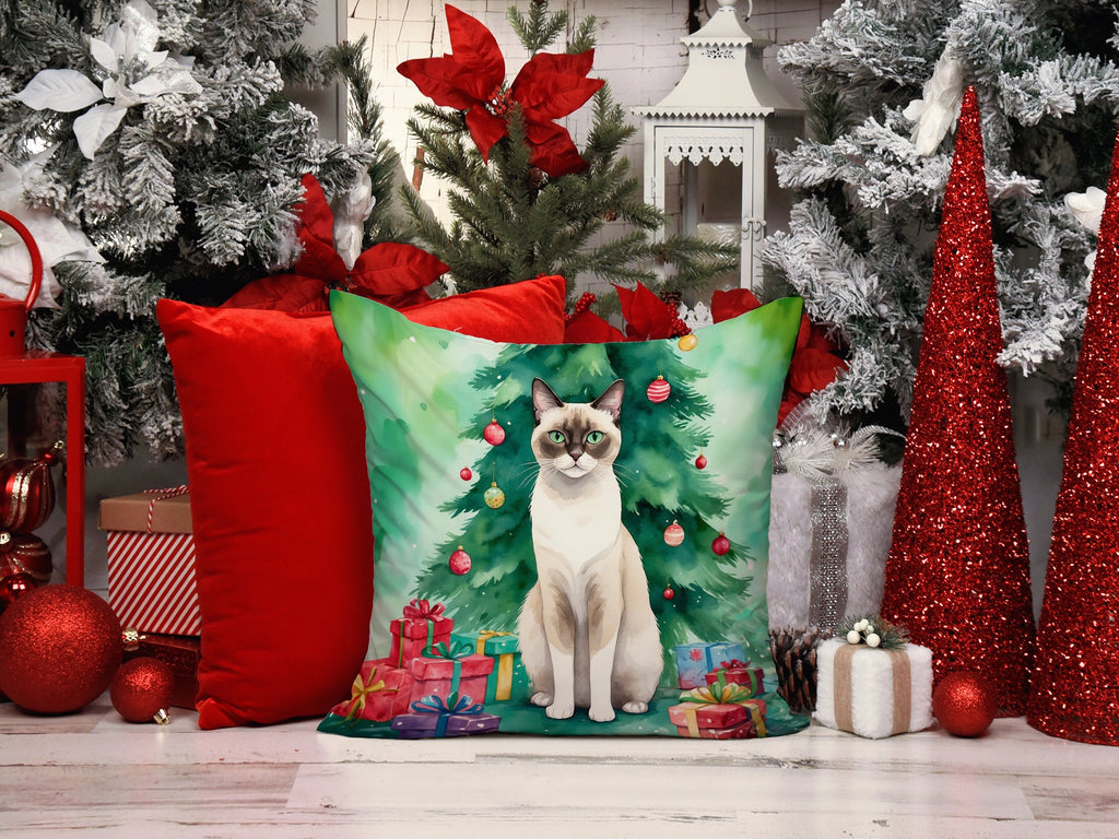Snowshoe Cat By the Christmas Tree Decorative Throw Pillow 18x18 Indoor Outdoor Accent Cushion, Fabric Cover with Insert for Sofa, Bed, Porch & Living Room