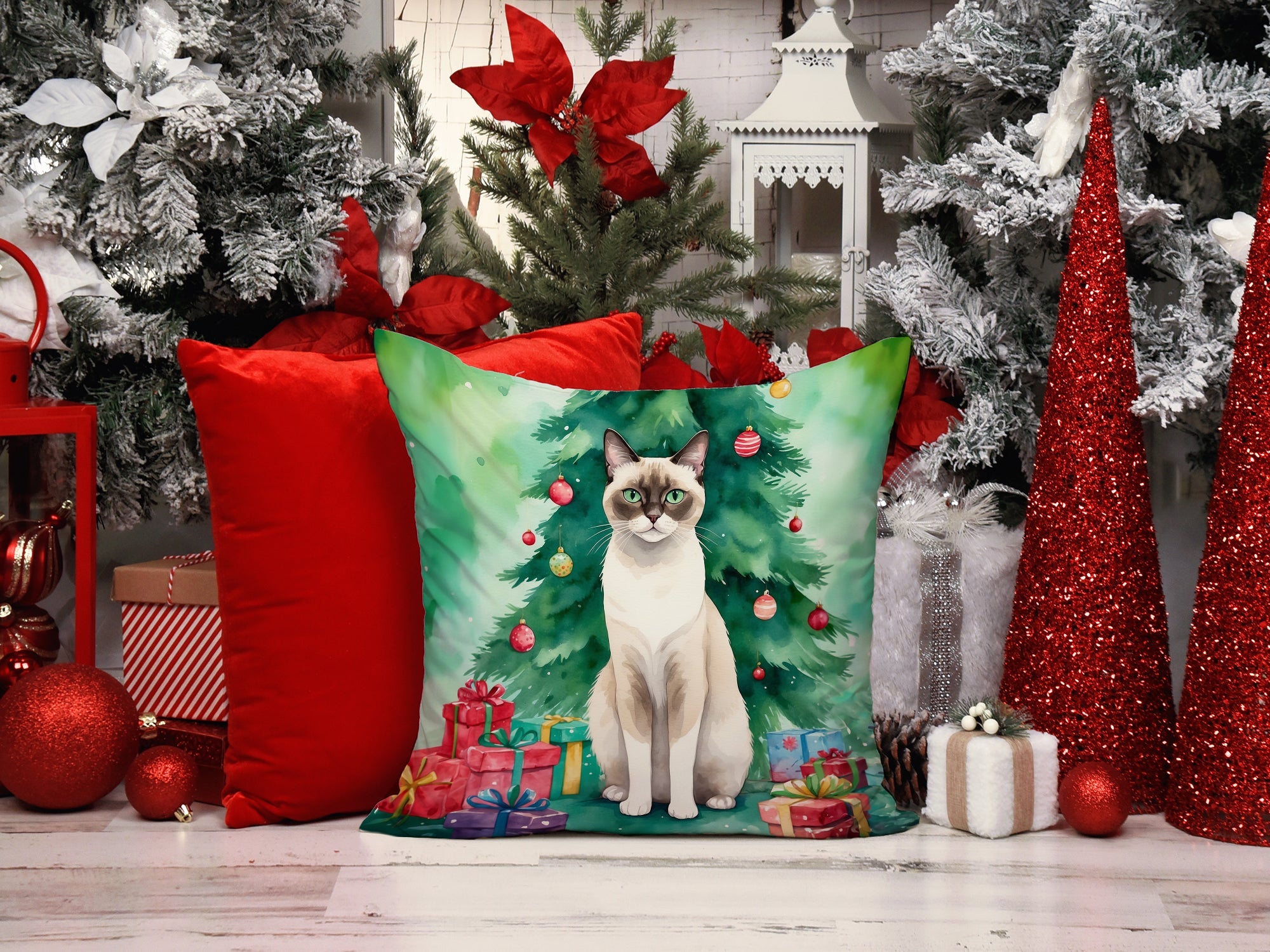 Snowshoe Cat By the Christmas Tree Decorative Throw Pillow 18x18 Indoor Outdoor Accent Cushion, Fabric Cover with Insert for Sofa, Bed, Porch & Living Room