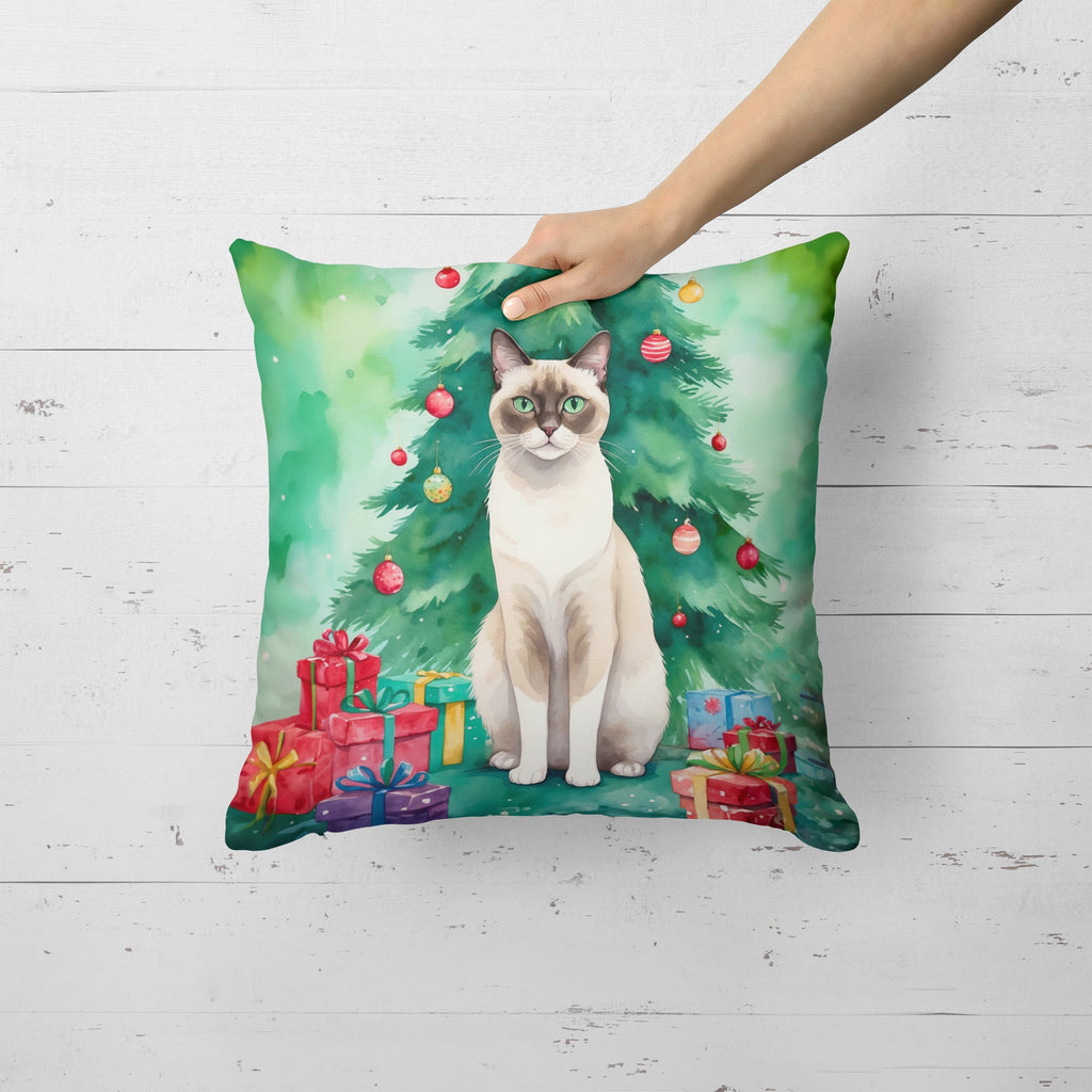 Snowshoe Cat By the Christmas Tree Decorative Throw Pillow 18x18 Indoor Outdoor Accent Cushion, Fabric Cover with Insert for Sofa, Bed, Porch & Living Room