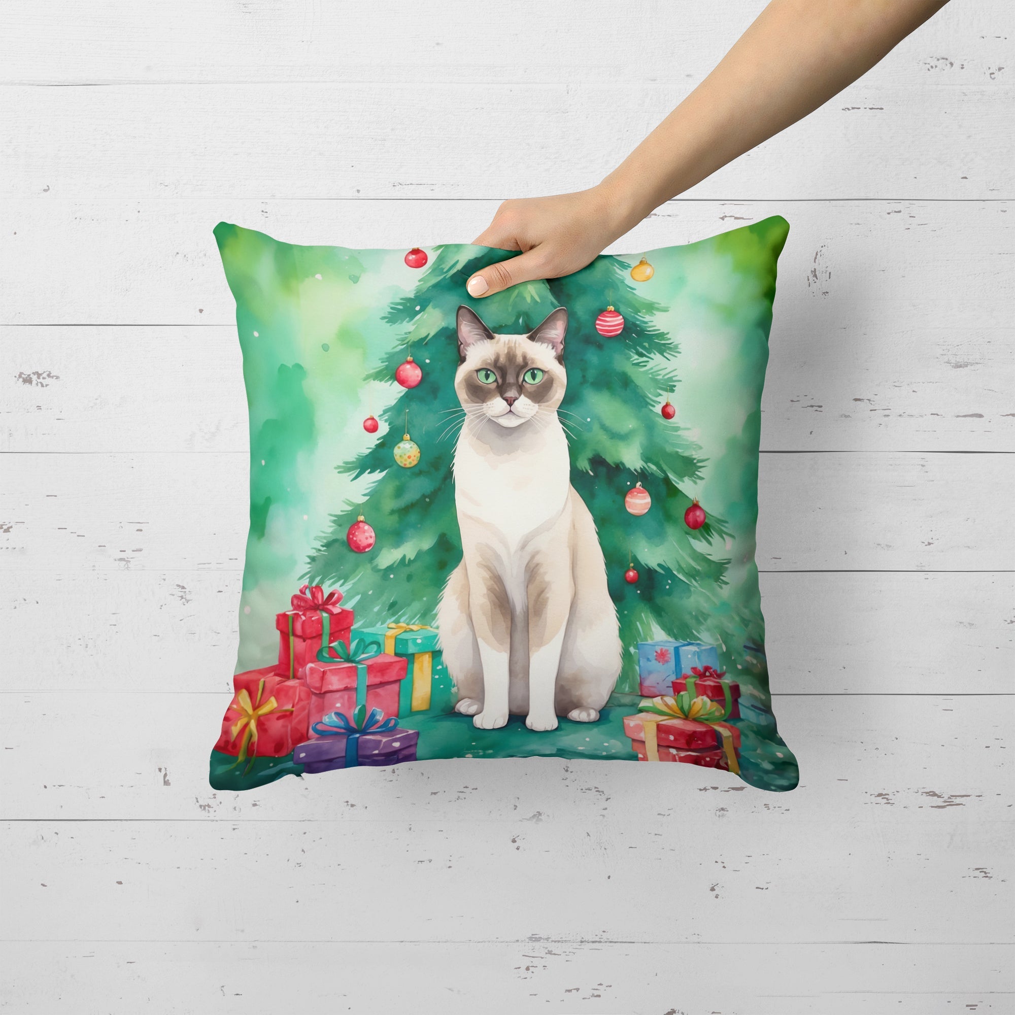 Snowshoe Cat By the Christmas Tree Decorative Throw Pillow 18x18 Indoor Outdoor Accent Cushion, Fabric Cover with Insert for Sofa, Bed, Porch & Living Room