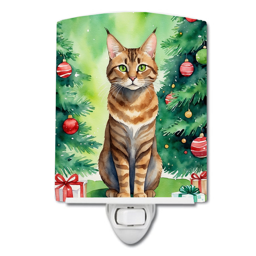 Sokoke Cat By the Christmas Tree Ceramic Night Light Compact, UL-Certified, Ideal for Bedroom, Bathroom, Nursery, Hallway, Kitchen, 6x4x3, Multicolor