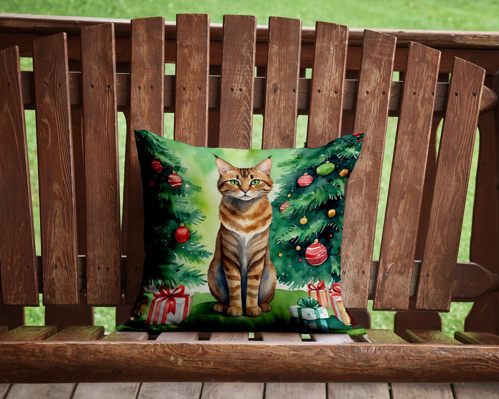 Sokoke Cat By the Christmas Tree Decorative Throw Pillow 14x14 Indoor Outdoor Accent Cushion, Fabric Cover with Insert for Sofa, Bed, Porch & Living Room