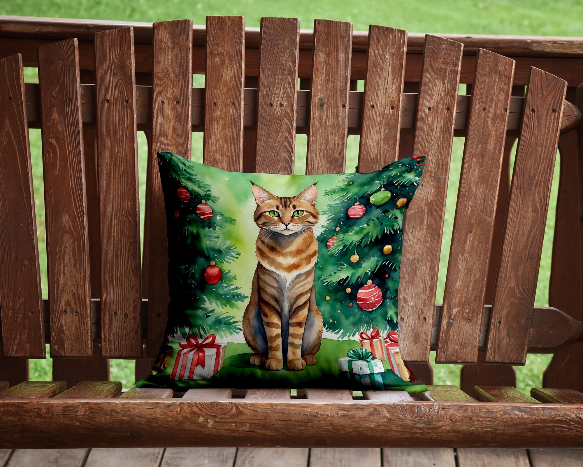 Sokoke Cat By the Christmas Tree Decorative Throw Pillow 14x14 Indoor Outdoor Accent Cushion, Fabric Cover with Insert for Sofa, Bed, Porch & Living Room