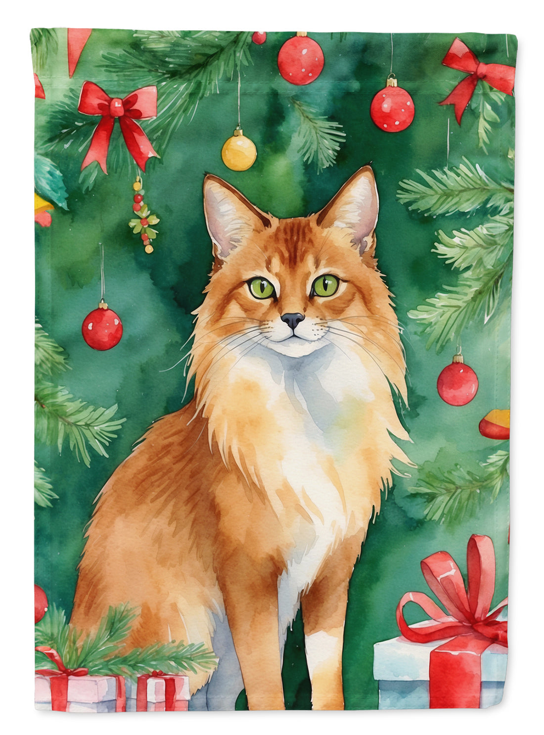 Somali Cat By the Christmas Tree House Flag 28x40 Porch Sleeve Pole Decorative Outside Yard Banner Artwork Wall Hanging, Polyester