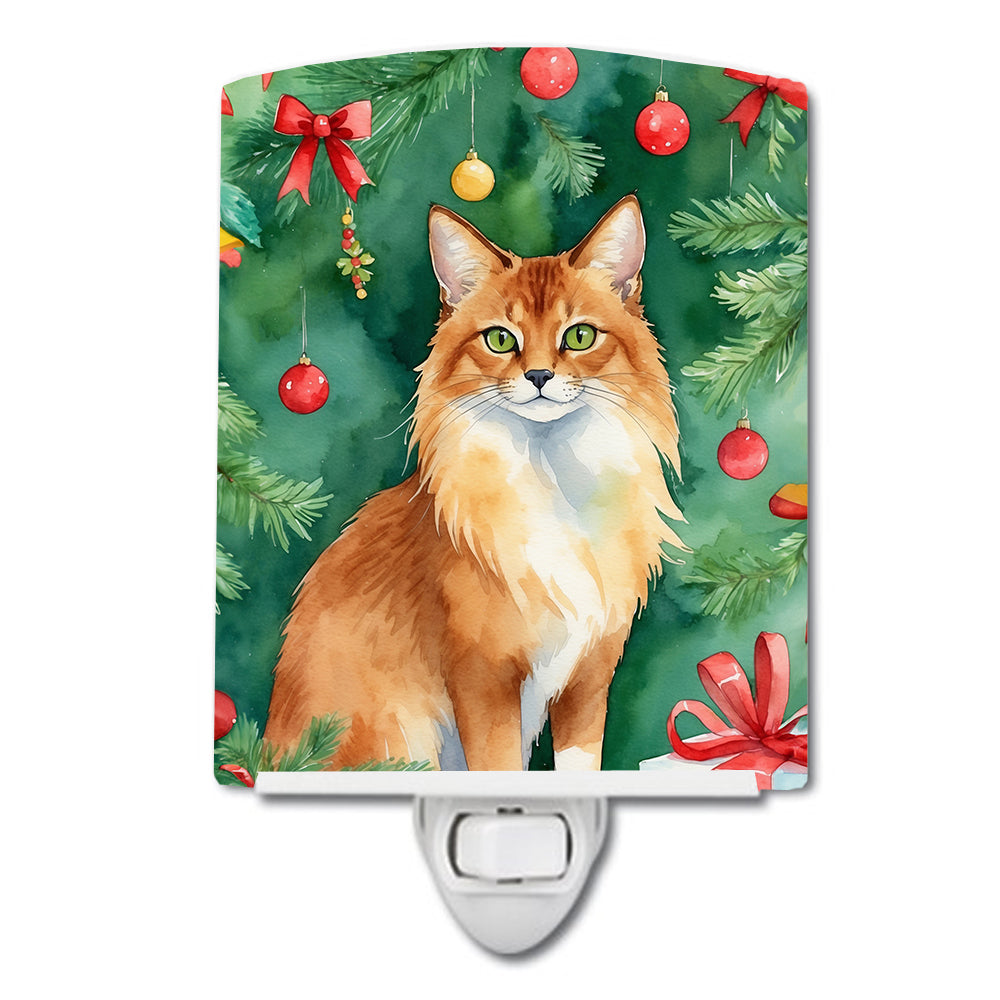 Somali Cat By the Christmas Tree Ceramic Night Light Compact, UL-Certified, Ideal for Bedroom, Bathroom, Nursery, Hallway, Kitchen, 6x4x3, Multicolor