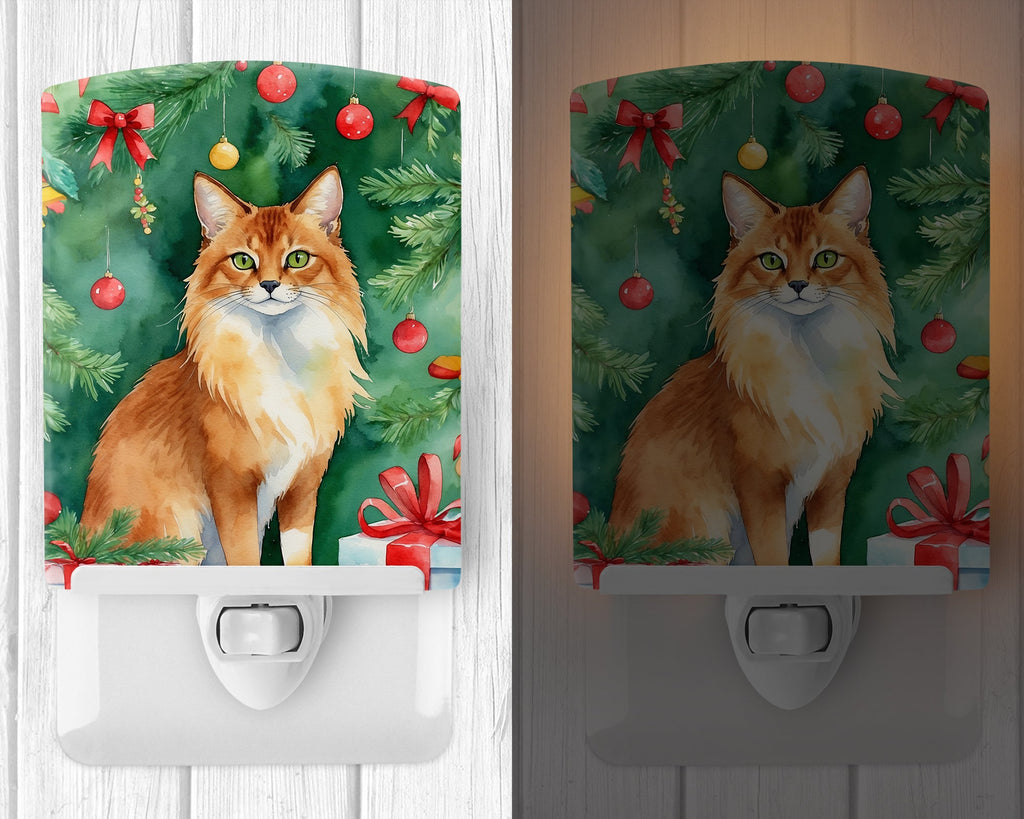 Somali Cat By the Christmas Tree Ceramic Night Light Compact, UL-Certified, Ideal for Bedroom, Bathroom, Nursery, Hallway, Kitchen, 6x4x3, Multicolor