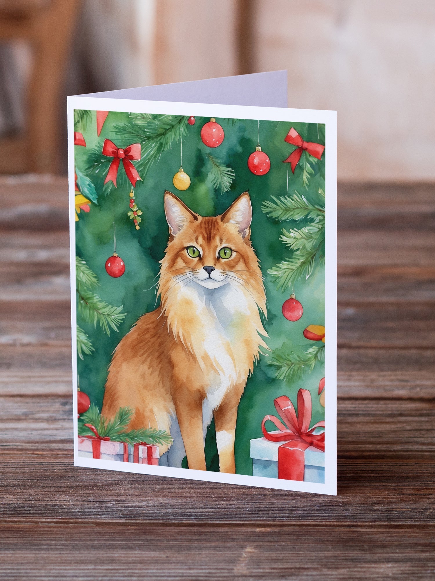 Somali Cat By the Christmas Tree Greeting Cards Pack of 8 Blank Cards with Envelopes Whimsical A7 Size 5x7