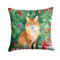 Somali Cat By the Christmas Tree Decorative Throw Pillow 14x14 Indoor Outdoor Accent Cushion, Fabric Cover with Insert for Sofa, Bed, Porch & Living Room