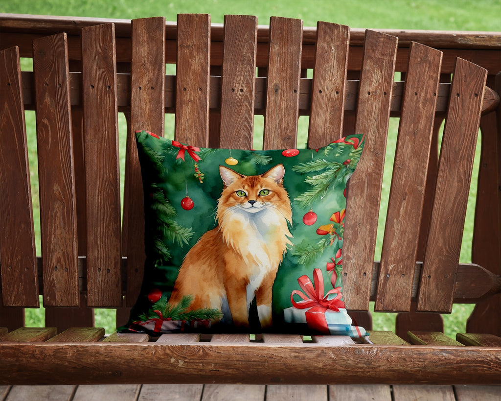 Somali Cat By the Christmas Tree Decorative Throw Pillow 14x14 Indoor Outdoor Accent Cushion, Fabric Cover with Insert for Sofa, Bed, Porch & Living Room