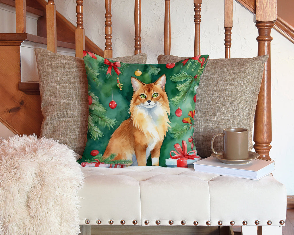 Somali Cat By the Christmas Tree Decorative Throw Pillow 14x14 Indoor Outdoor Accent Cushion, Fabric Cover with Insert for Sofa, Bed, Porch & Living Room