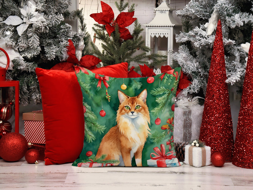 Somali Cat By the Christmas Tree Decorative Throw Pillow 18x18 Indoor Outdoor Accent Cushion, Fabric Cover with Insert for Sofa, Bed, Porch & Living Room