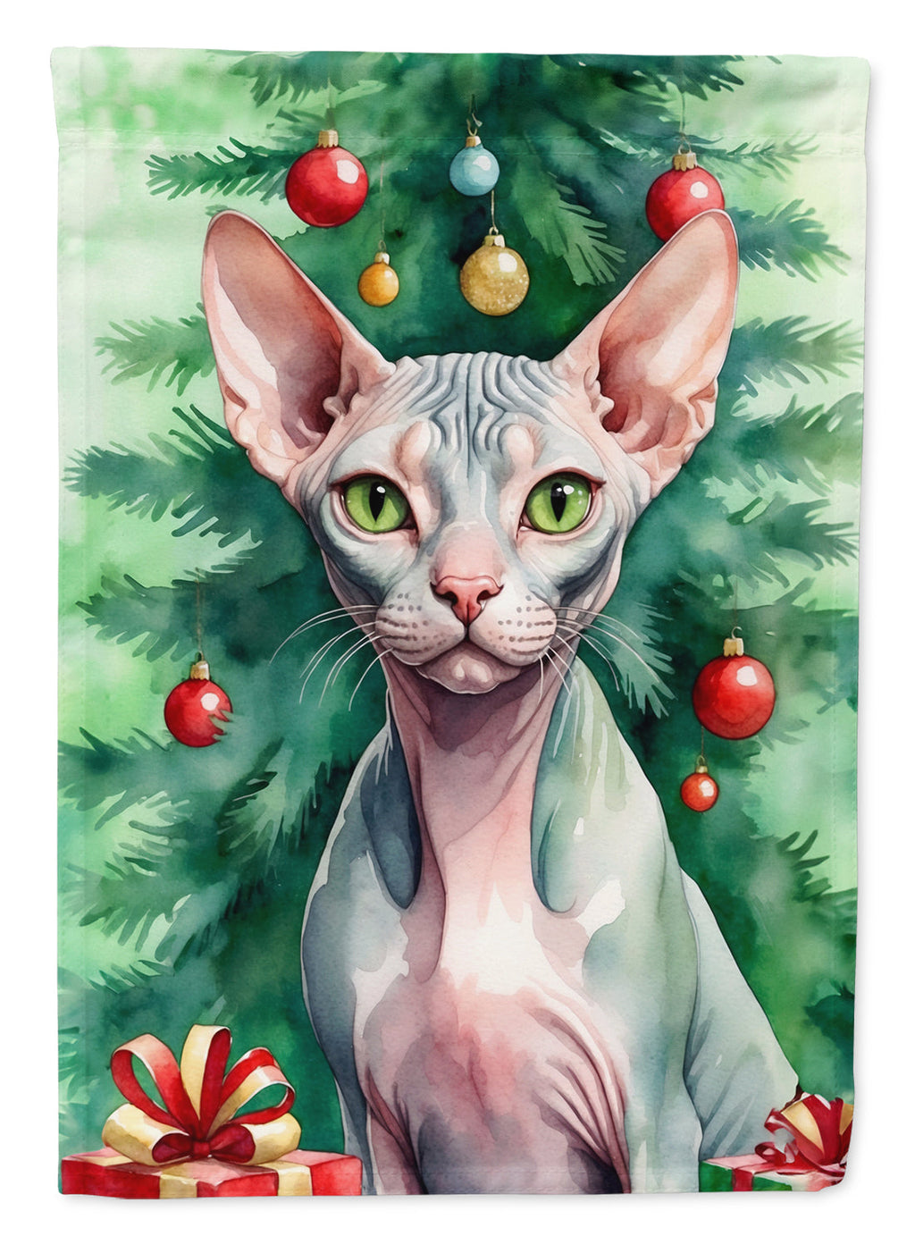 Sphynx Cat By the Christmas Tree House Flag 28x40 Porch Sleeve Pole Decorative Outside Yard Banner Artwork Wall Hanging, Polyester