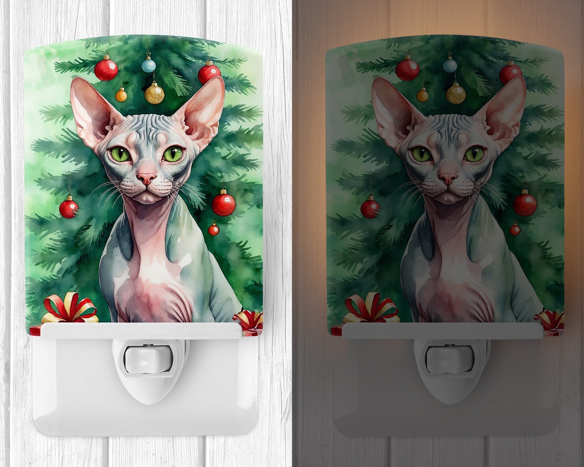Sphynx Cat By the Christmas Tree Ceramic Night Light Compact, UL-Certified, Ideal for Bedroom, Bathroom, Nursery, Hallway, Kitchen, 6x4x3, Multicolor