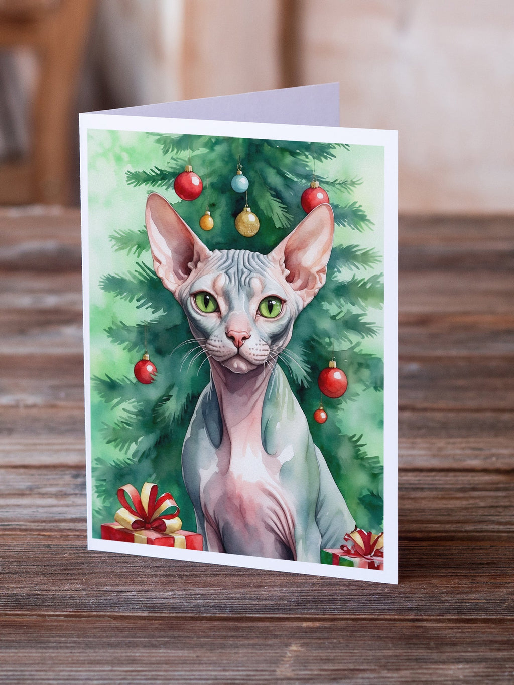 Sphynx Cat By the Christmas Tree Greeting Cards Pack of 8 Blank Cards with Envelopes Whimsical A7 Size 5x7