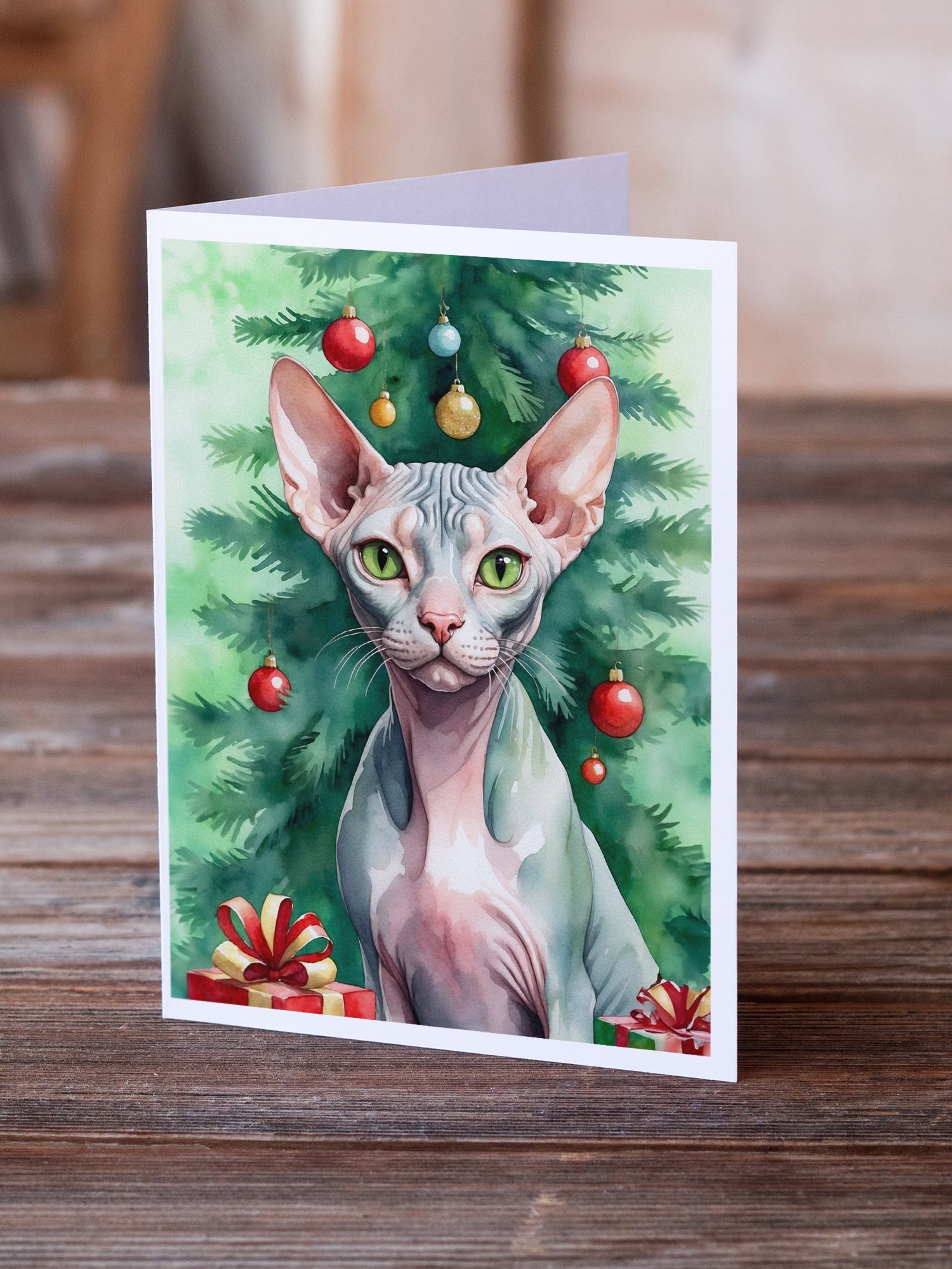 Sphynx Cat By the Christmas Tree Greeting Cards Pack of 8 Blank Cards with Envelopes Whimsical A7 Size 5x7