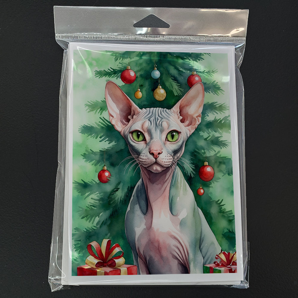 Sphynx Cat By the Christmas Tree Greeting Cards Pack of 8 Blank Cards with Envelopes Whimsical A7 Size 5x7