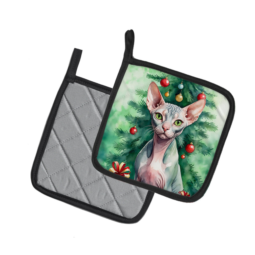 Sphynx Cat By the Christmas Tree Pot Holder Set of 2 Heat Resistant Quilted Hot Pads 7.5 x 7.5 Inch, Insulated Kitchen Trivets for Cooking & Baking