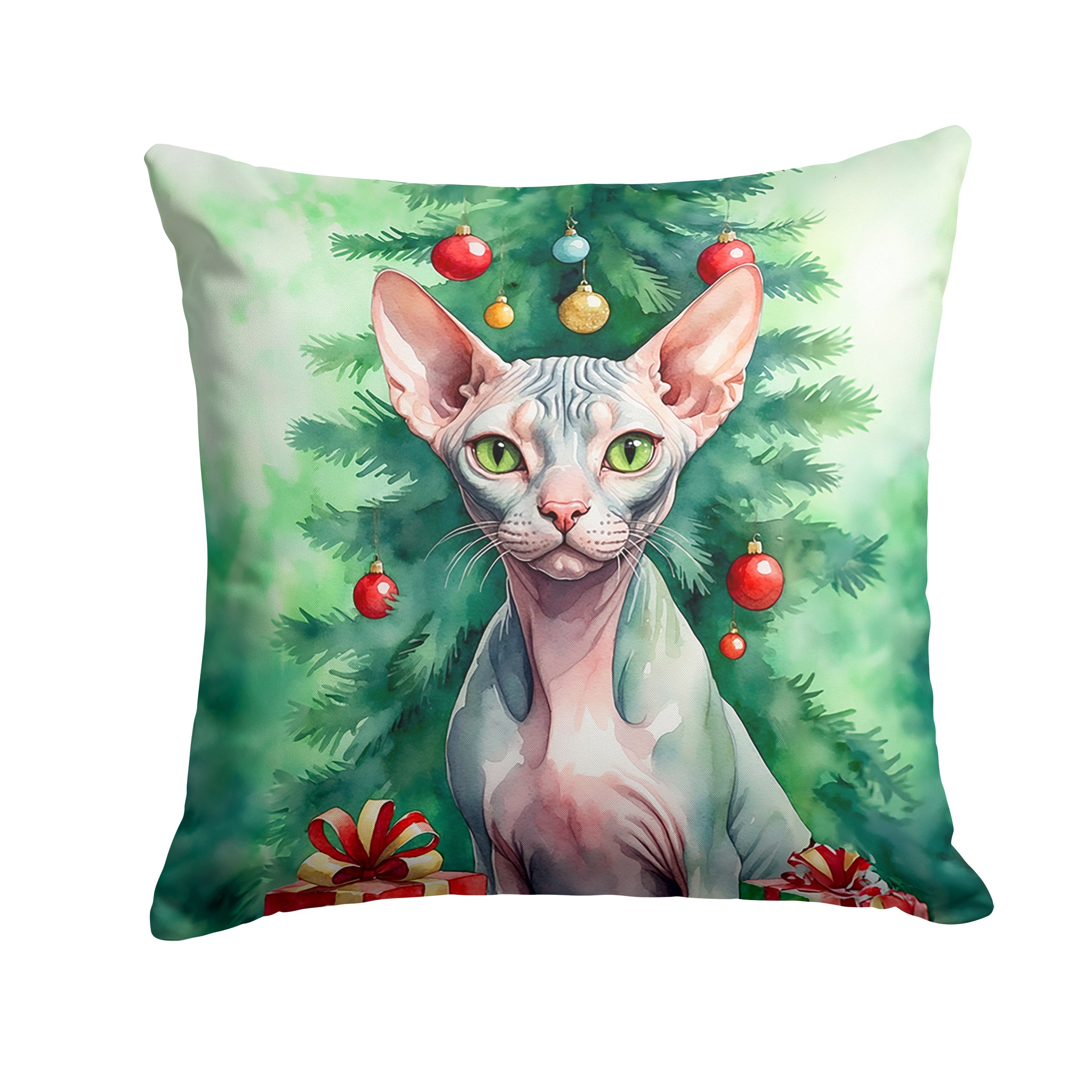 Sphynx Cat By the Christmas Tree Decorative Throw Pillow 14x14 Indoor Outdoor Accent Cushion, Fabric Cover with Insert for Sofa, Bed, Porch & Living Room