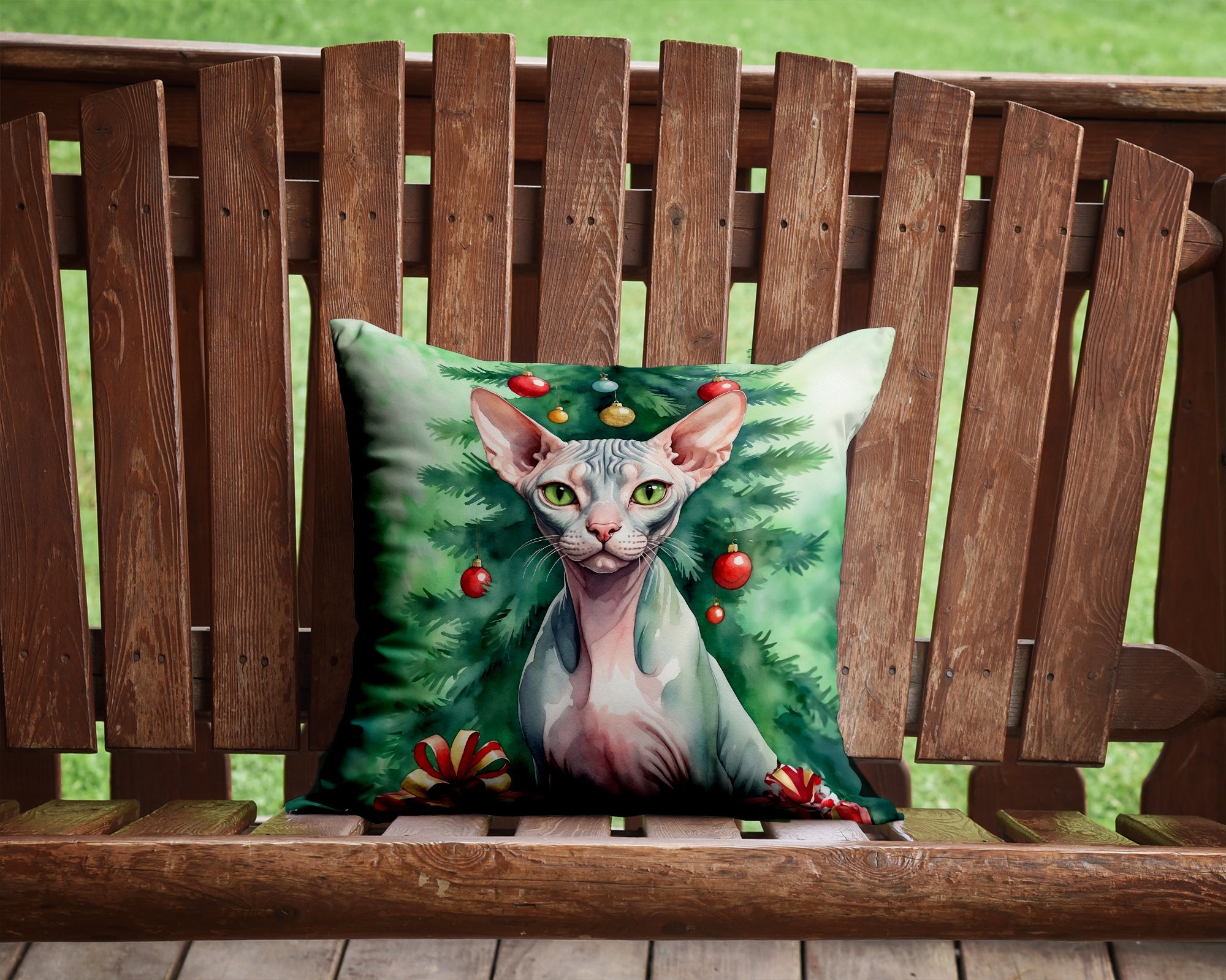 Sphynx Cat By the Christmas Tree Decorative Throw Pillow 14x14 Indoor Outdoor Accent Cushion, Fabric Cover with Insert for Sofa, Bed, Porch & Living Room