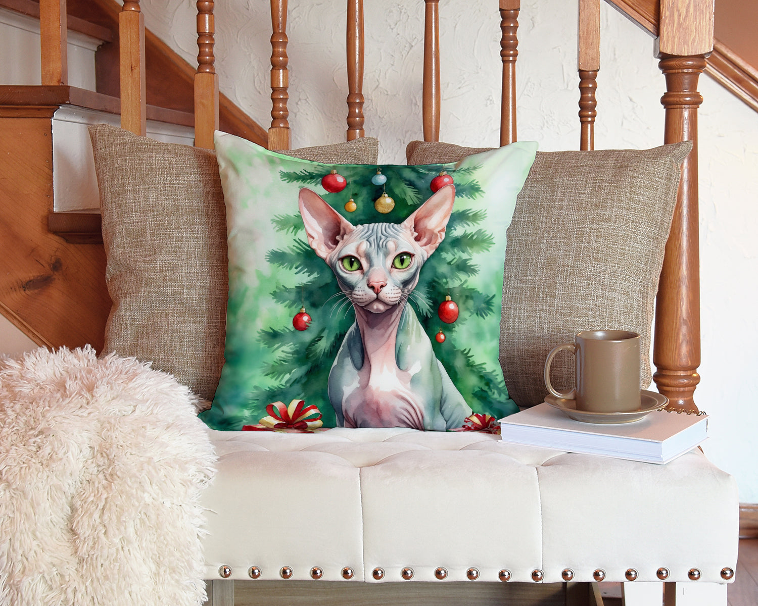Sphynx Cat By the Christmas Tree Decorative Throw Pillow 14x14 Indoor Outdoor Accent Cushion, Fabric Cover with Insert for Sofa, Bed, Porch & Living Room