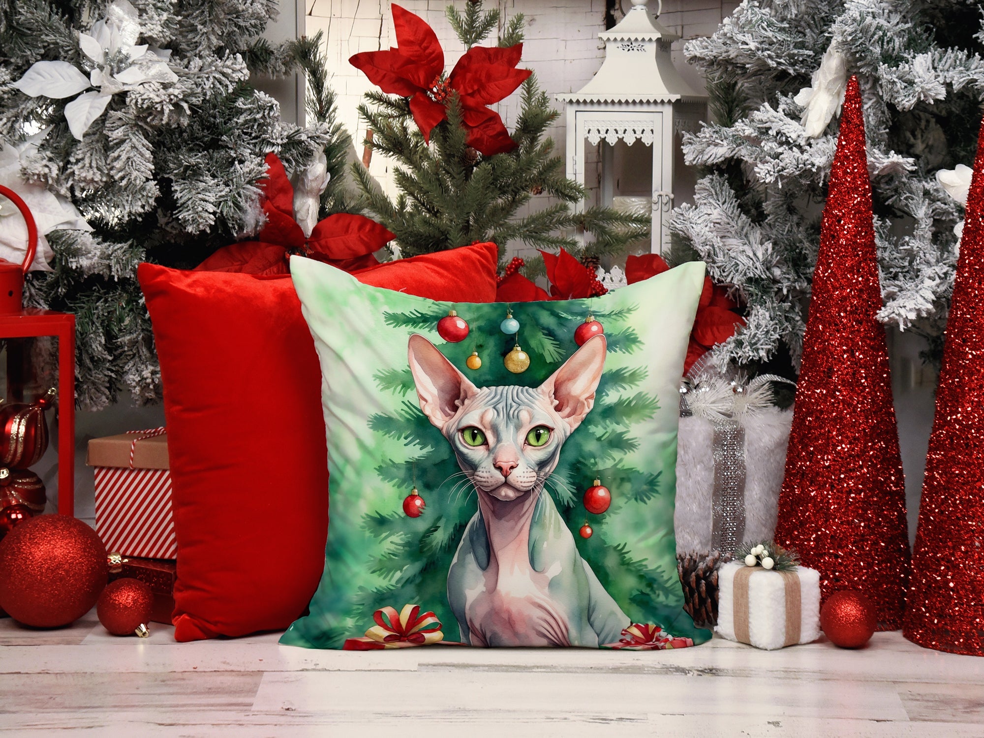 Sphynx Cat By the Christmas Tree Decorative Throw Pillow 18x18 Indoor Outdoor Accent Cushion, Fabric Cover with Insert for Sofa, Bed, Porch & Living Room