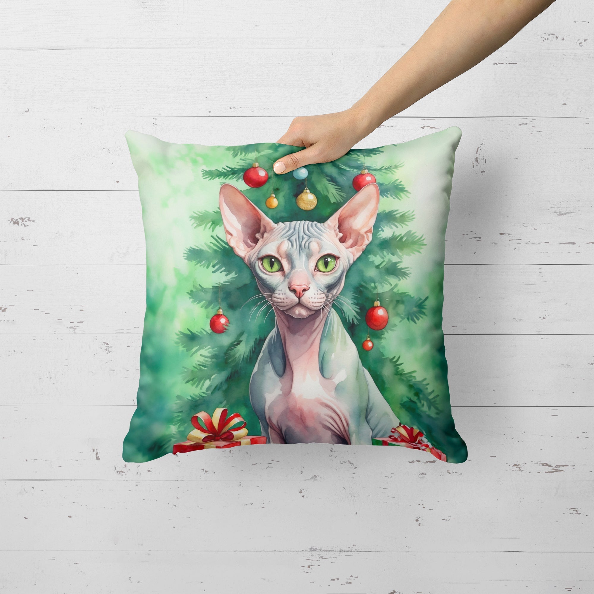 Sphynx Cat By the Christmas Tree Decorative Throw Pillow 18x18 Indoor Outdoor Accent Cushion, Fabric Cover with Insert for Sofa, Bed, Porch & Living Room