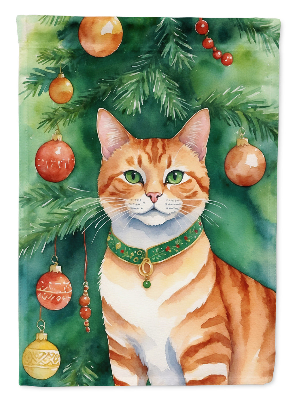 Suphalak Cat By the Christmas Tree House Flag 28x40 Porch Sleeve Pole Decorative Outside Yard Banner Artwork Wall Hanging, Polyester