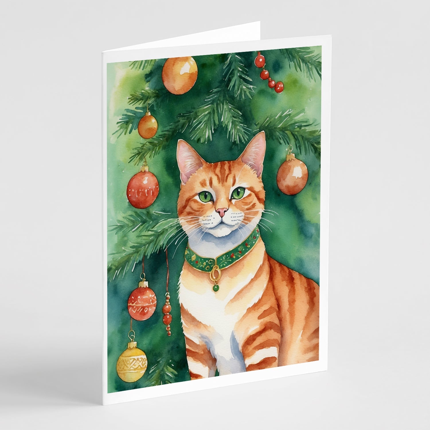 Suphalak Cat By the Christmas Tree Greeting Cards Pack of 8 Blank Cards with Envelopes Whimsical A7 Size 5x7