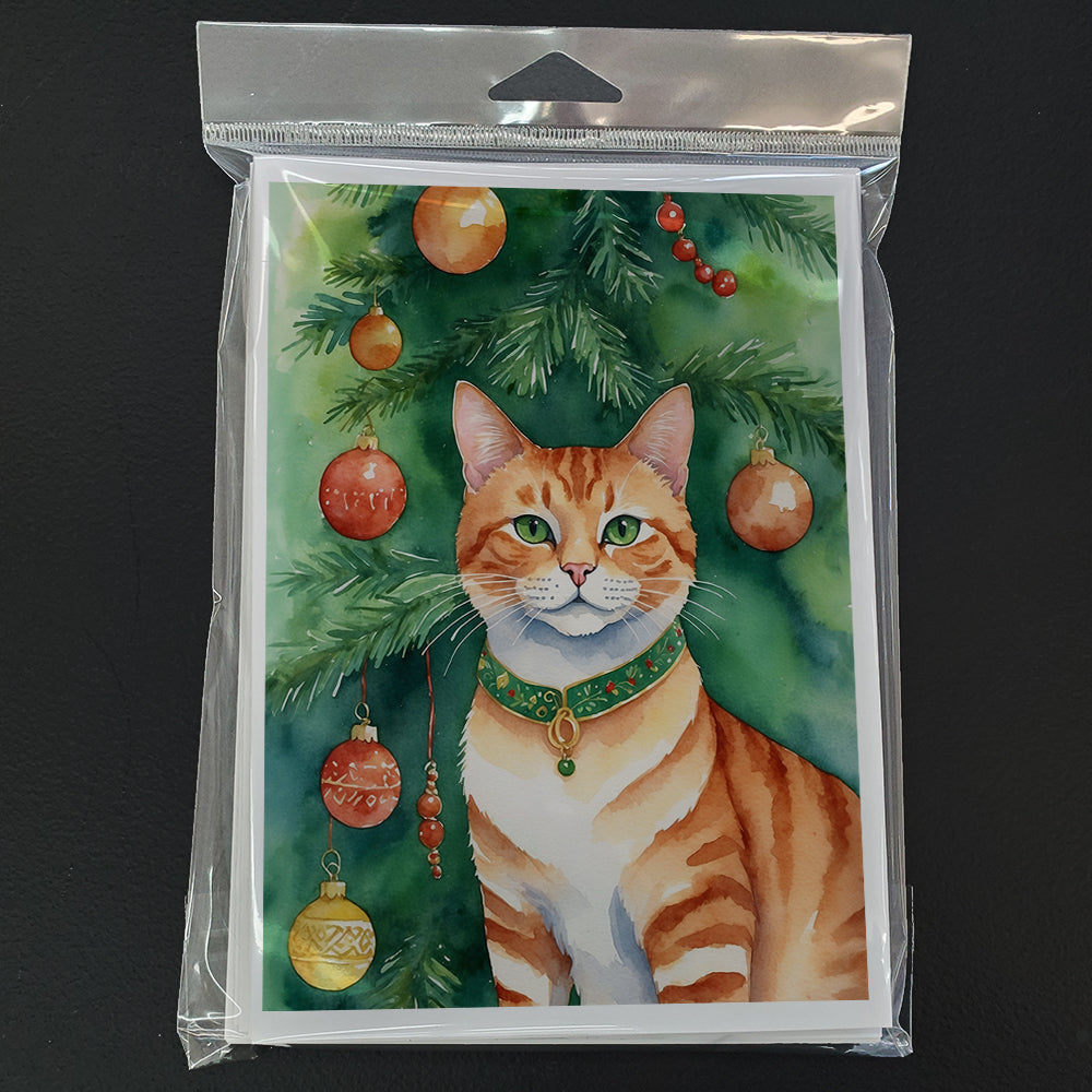 Suphalak Cat By the Christmas Tree Greeting Cards Pack of 8 Blank Cards with Envelopes Whimsical A7 Size 5x7