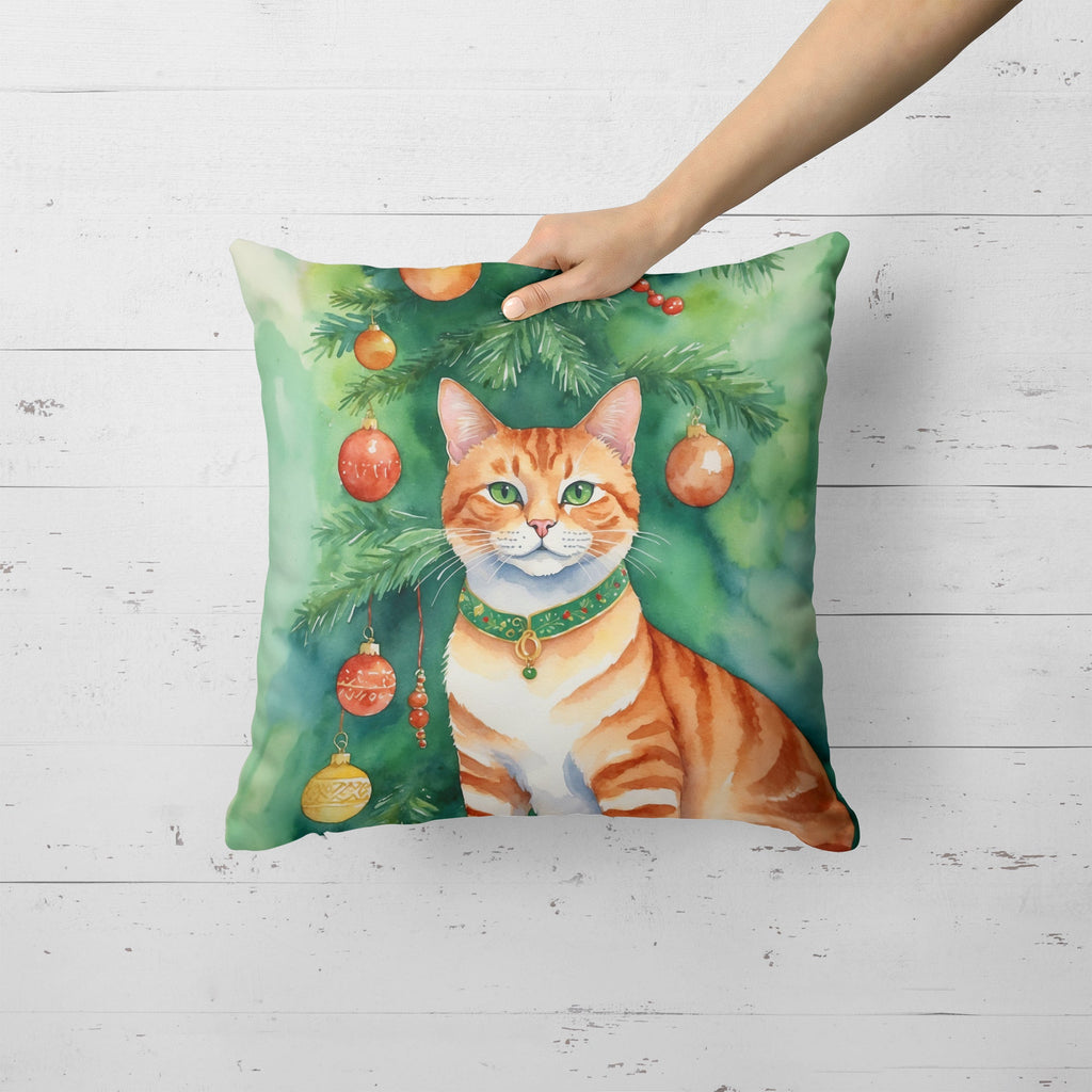 Suphalak Cat By the Christmas Tree Decorative Throw Pillow 18x18 Indoor Outdoor Accent Cushion, Fabric Cover with Insert for Sofa, Bed, Porch & Living Room